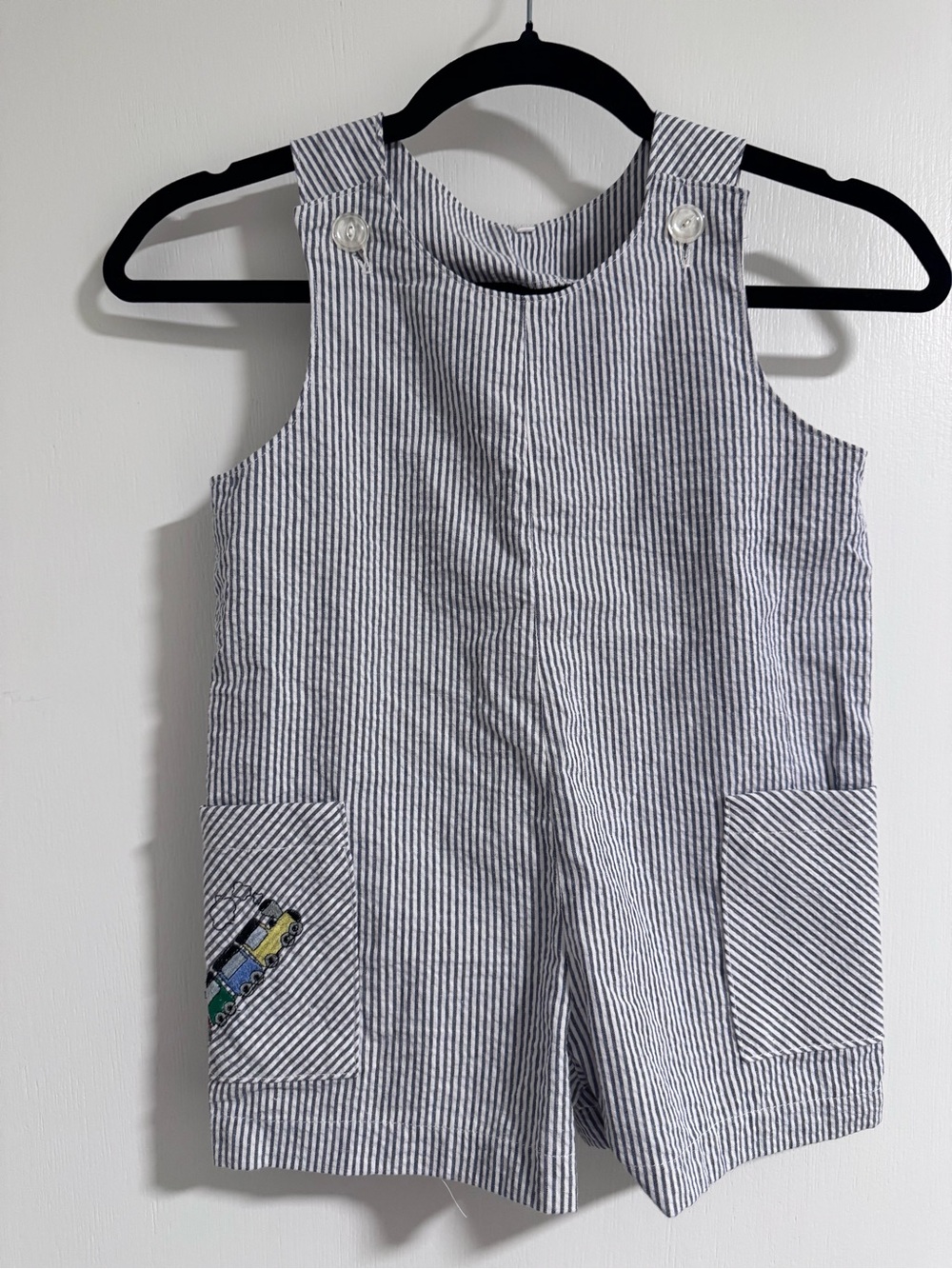 Striped Blue & White Kids Romper Vintage Overall Kids Size 3T / 4  1980s train
